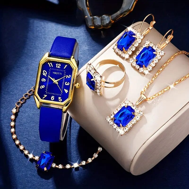 Women's Leather Wrist Watch, Earrings, Bracelet, Necklace and Ring Jewelry Set Watches Blue - DailySale