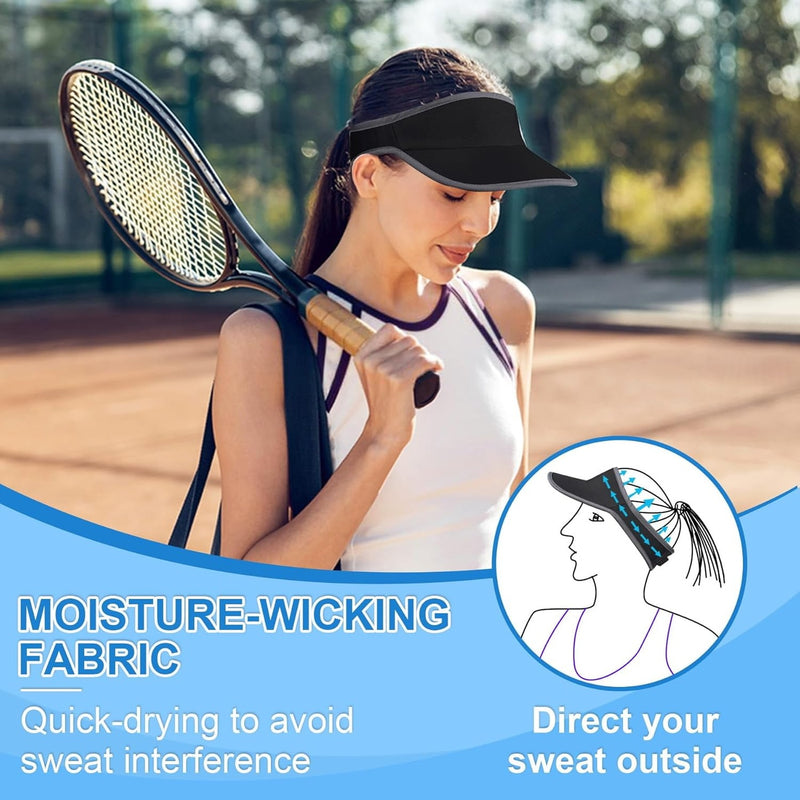 The black visor worn on a tennis court, showing the moisture-wicking band