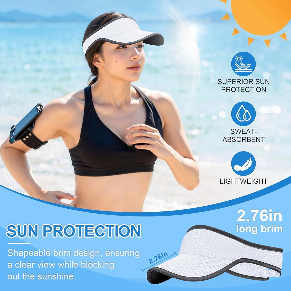 Sun protection graphic showing the 2.76 in long brim on the white visor