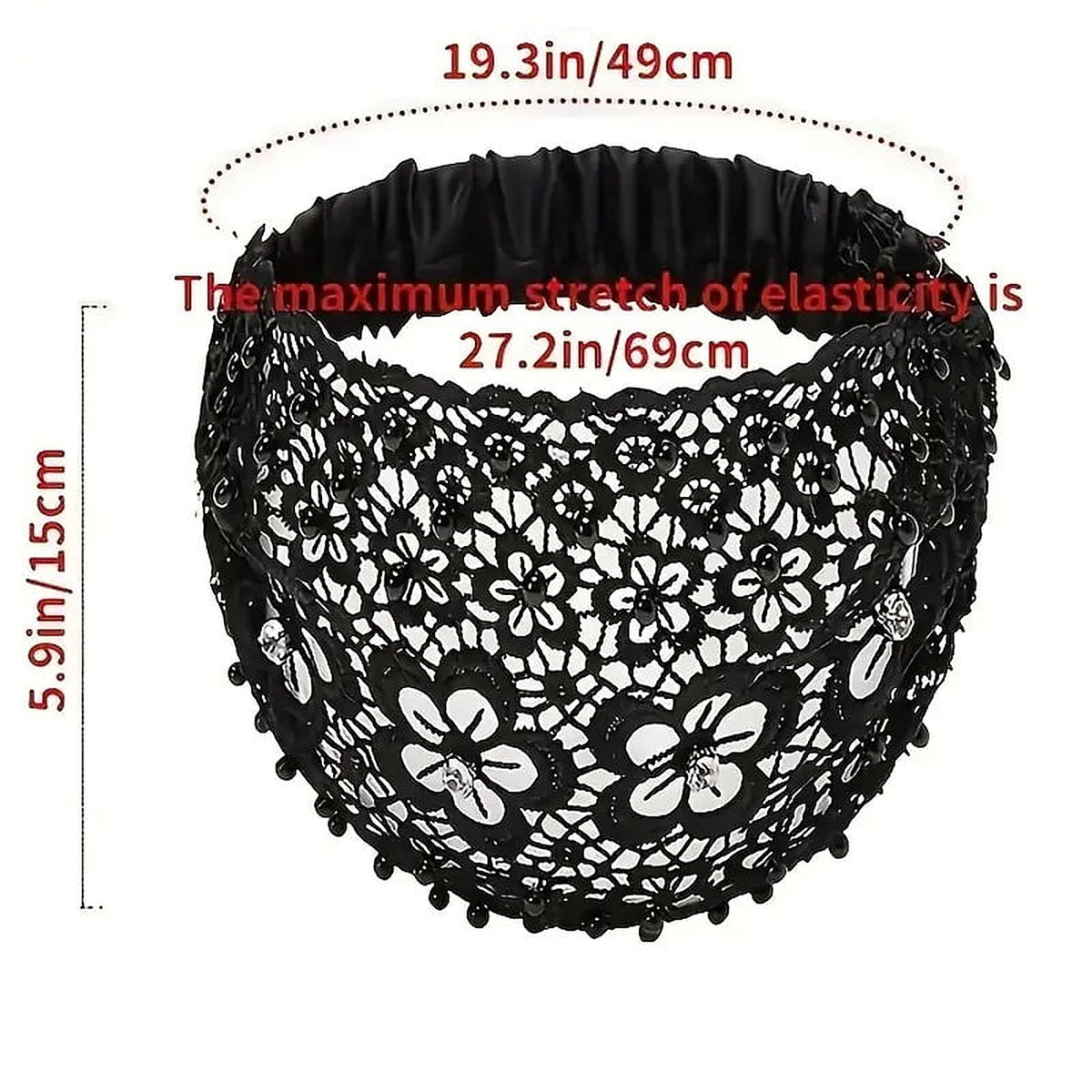 Size diagram: 19.3 in around at rest, stretching to 27.2 in, and 5.9 in deep