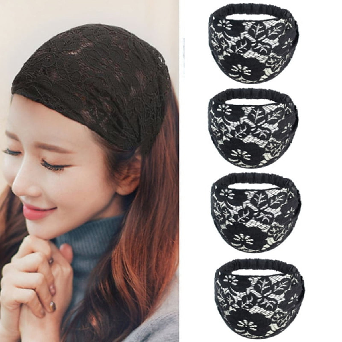 The black floral lace head wrap on a model, with four of the headbands alongside