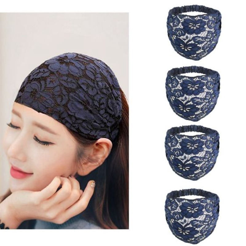 The blue floral lace head wrap on a model, with four of the headbands alongside