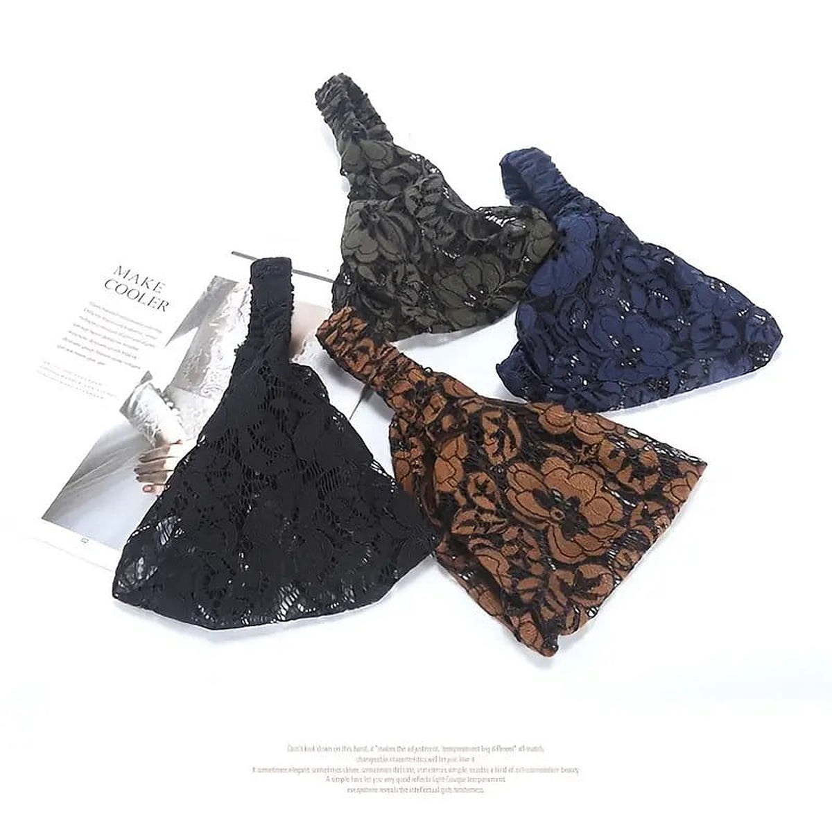 The lace head wraps shown flat in black, blue and brown