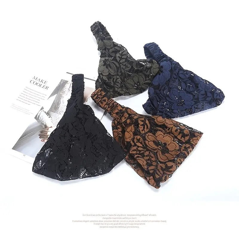 The lace head wraps shown flat in black, blue and brown