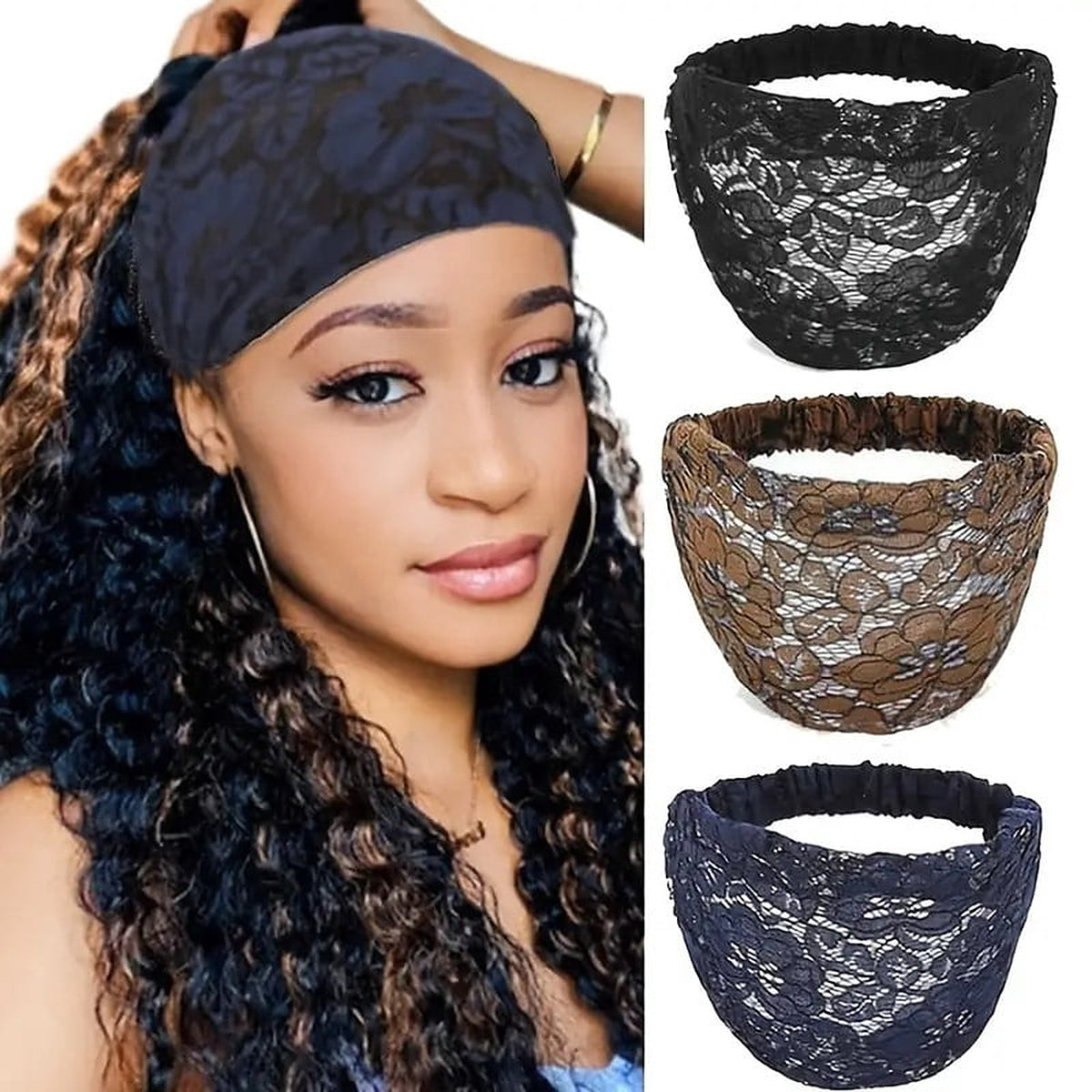 The blue head wrap worn with curly hair, with black, brown and blue shown alongside