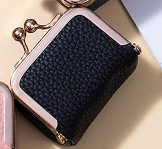 Black mini leather jewelry box with gold kiss lock