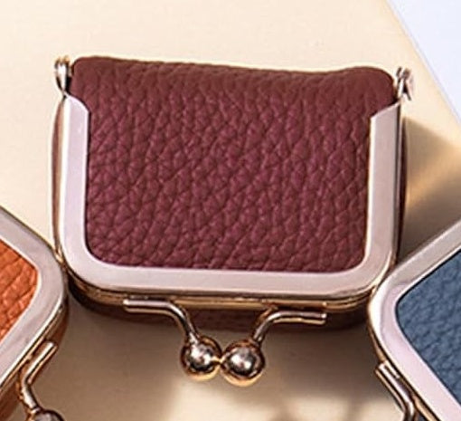 Wine red mini leather jewelry box with gold kiss lock