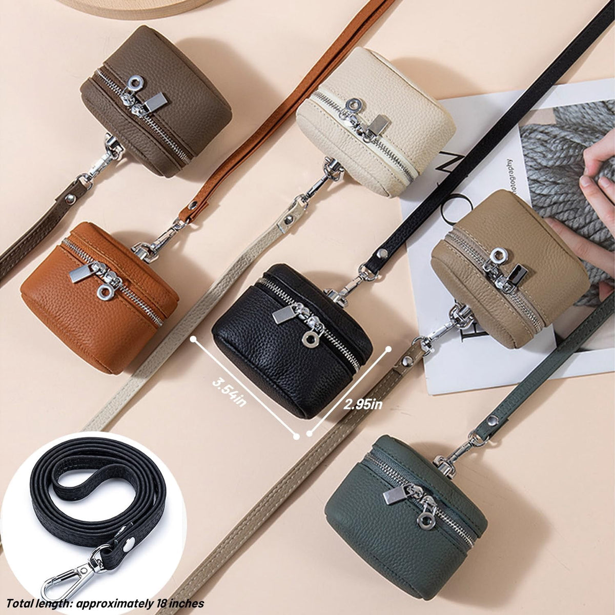 All six colors together with dimensions 3.54 by 2.95 inches and an 18 inch strap
