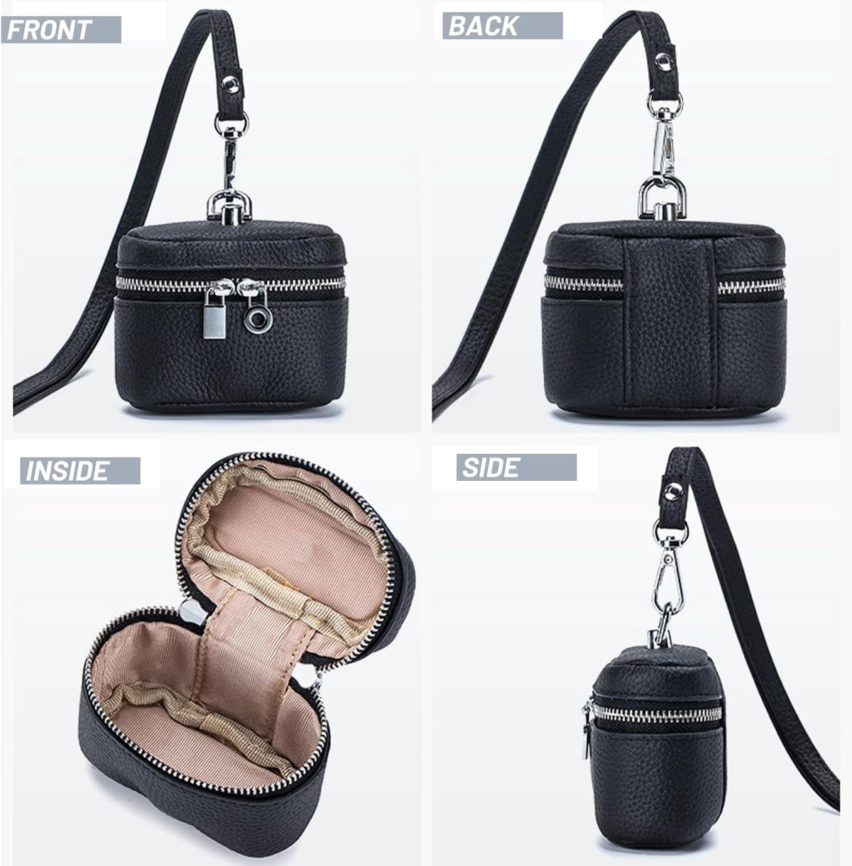 Front, back, inside and side views of the black pouch
