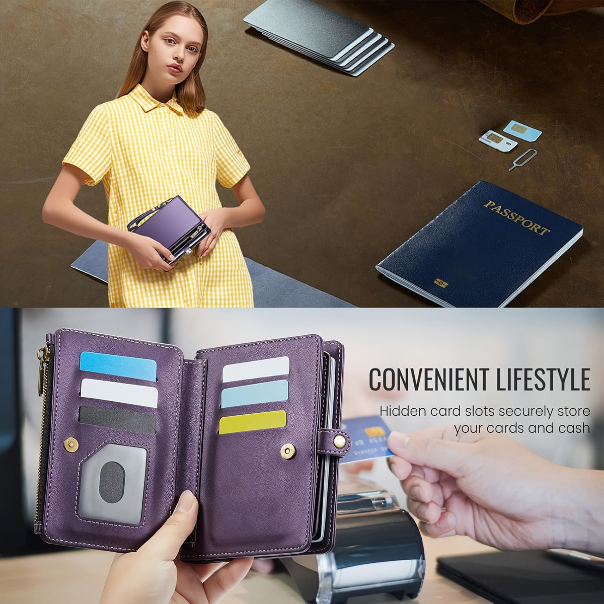 Wallet carried by hand next to a passport, cards and SIM tray