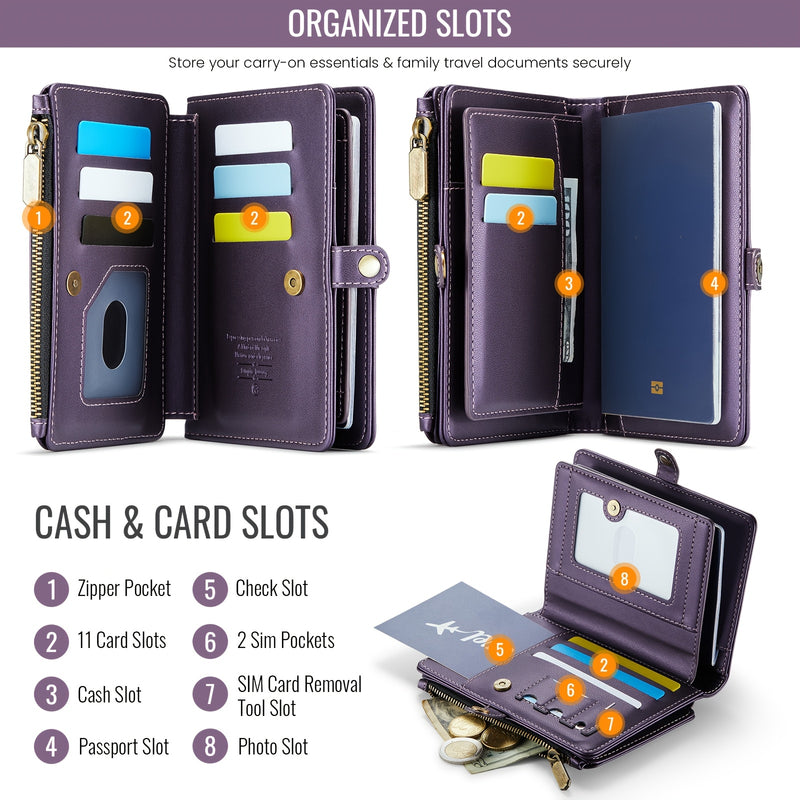 Organized slots: zipper pocket, 11 card slots, cash slot, passport slot, check slot, SIM pockets and photo slot