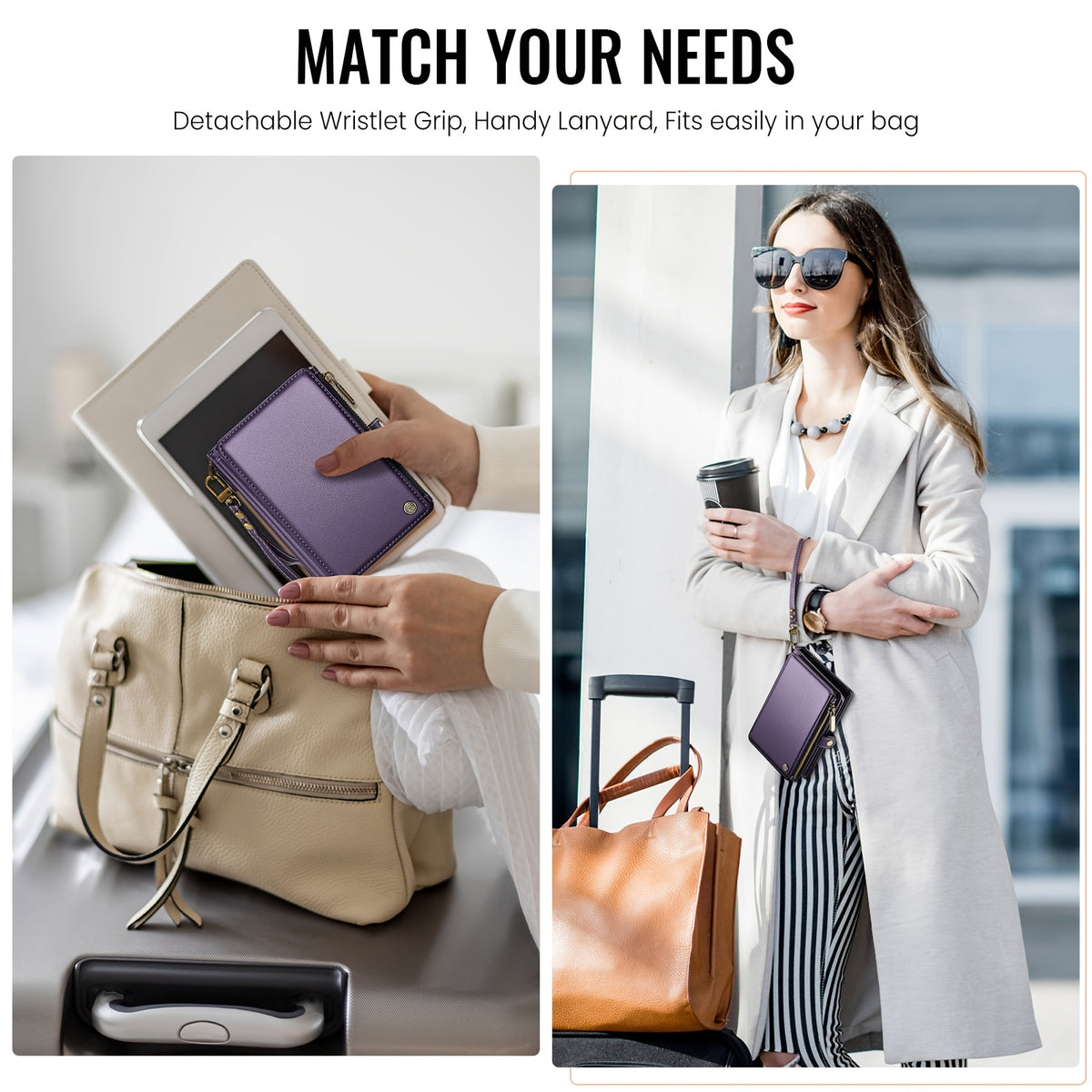 Detachable wristlet strap, wallet slipping into a handbag