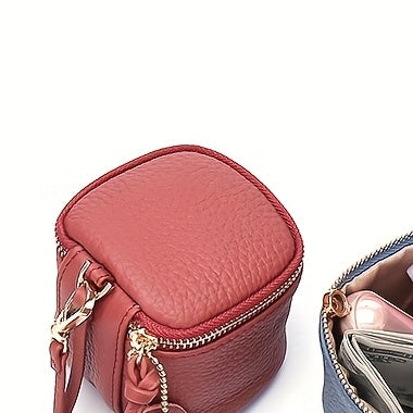 Brick red mini leather bucket coin purse with wrist strap