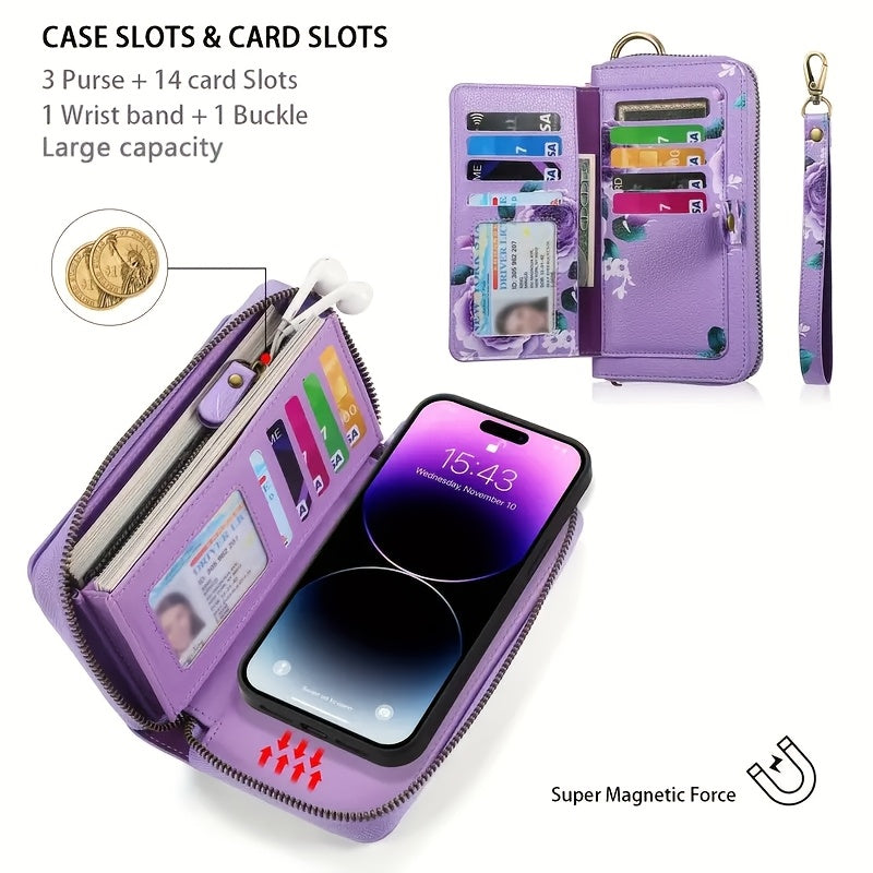 14 card slots, 3 purse compartments, wrist band and buckle, magnetic phone pad