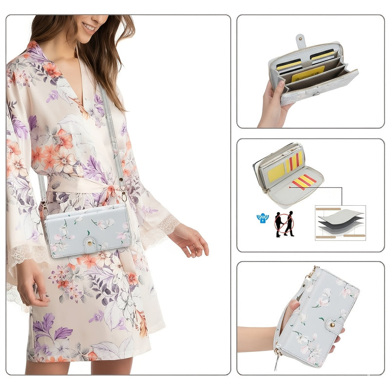 Light gray magnolia print crossbody phone wallet worn on the shoulder strap