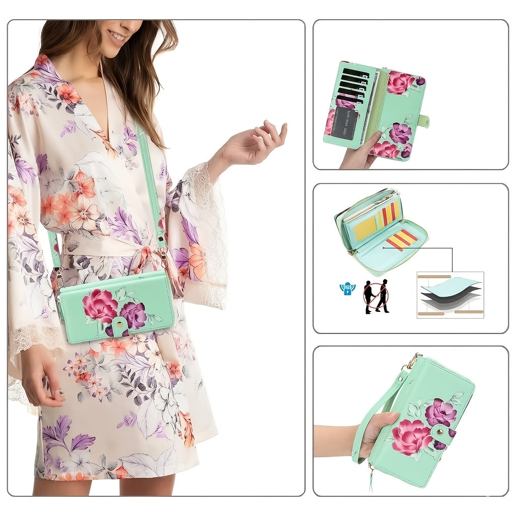 Mint floral crossbody phone wallet worn on the shoulder strap