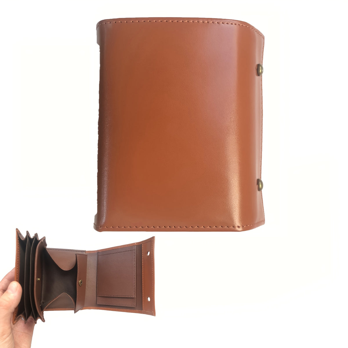 Brown accordion trifold leather wallet, front view and open view