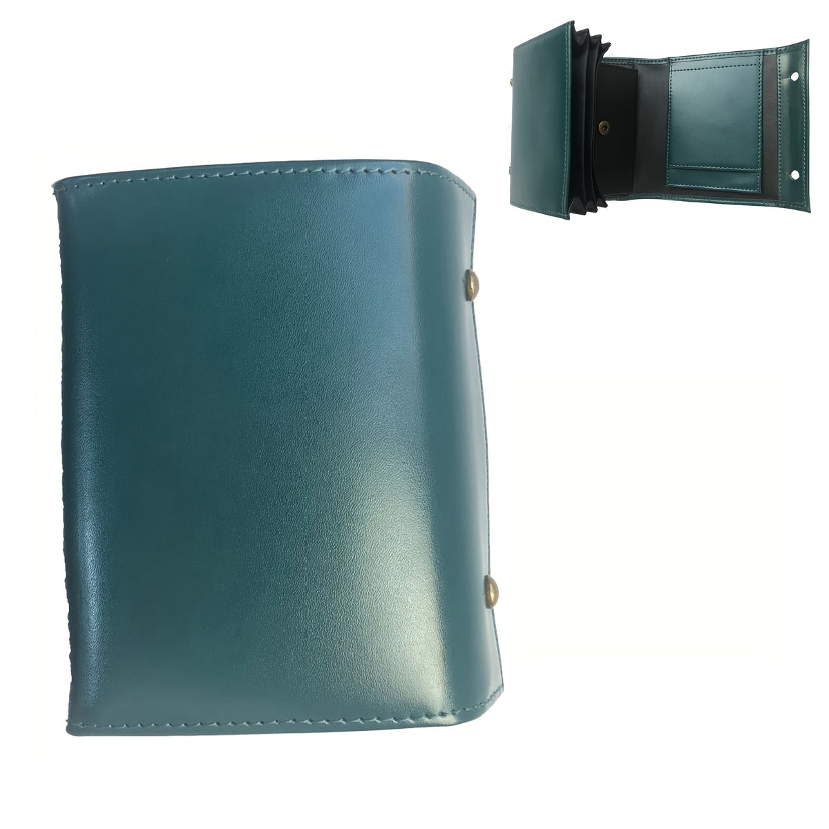 Teal accordion trifold leather wallet, closed and open