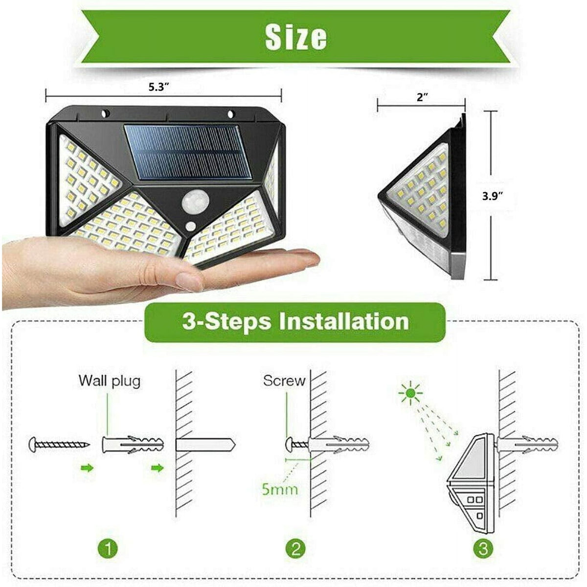 Size diagram showing 5.3 by 3.9 by 2 inches and the three step installation