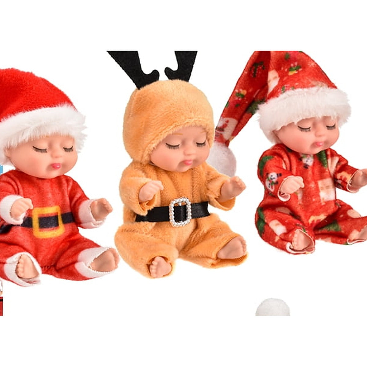 Santa Claus set dolls in a red Santa suit, tan reindeer outfit and red print pajamas