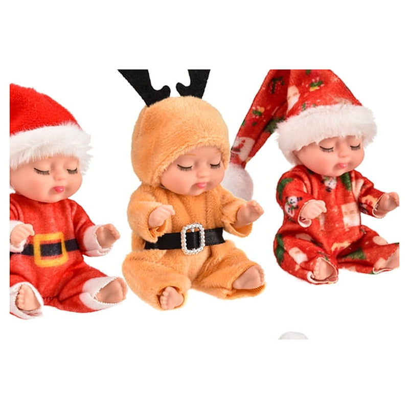 Santa Claus set dolls in a red Santa suit, tan reindeer outfit and red print pajamas