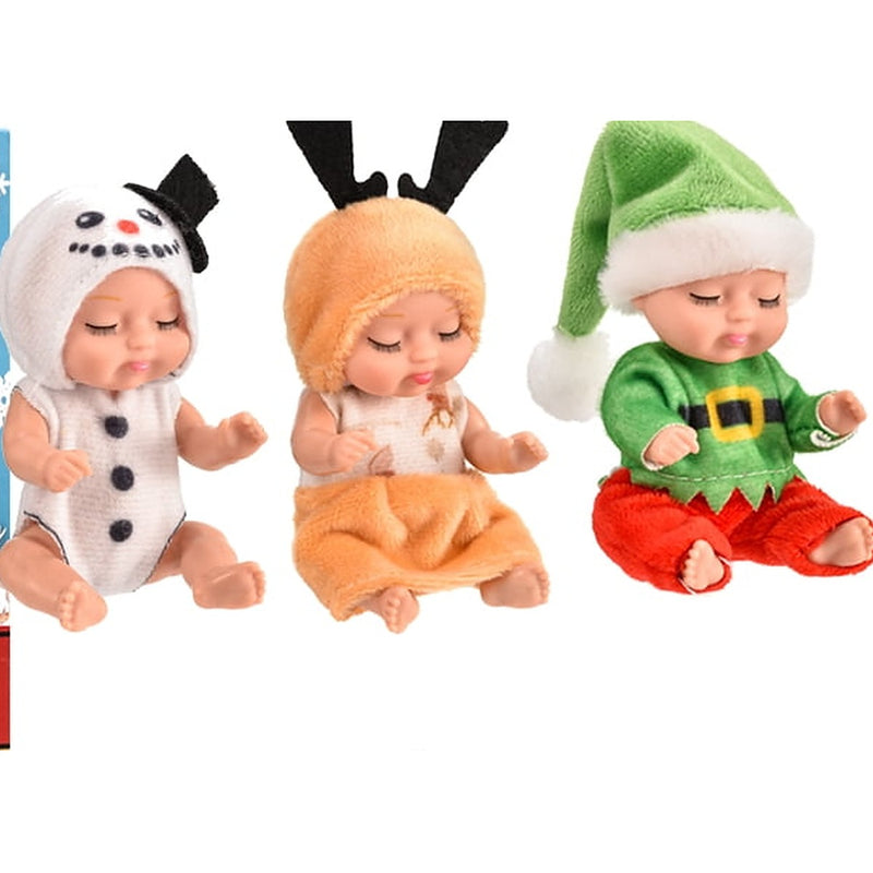 Snowman set dolls in a snowman suit, tan reindeer outfit and green elf outfit