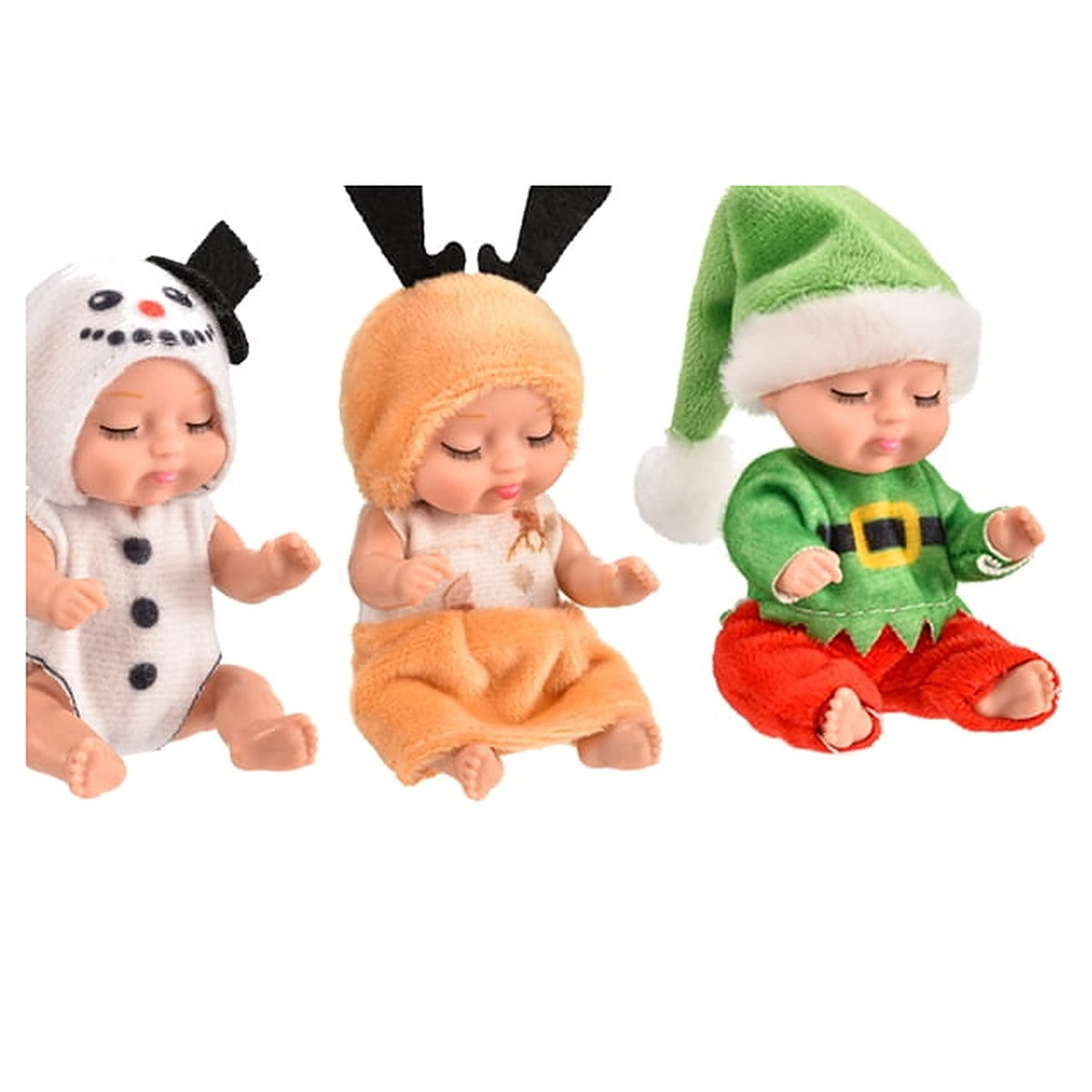 Snowman set dolls in a snowman suit, tan reindeer outfit and green elf outfit