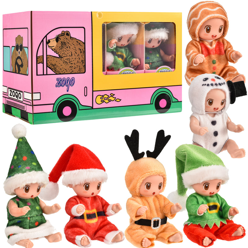 Set A: six Christmas mini dolls shown with the pink truck gift box
