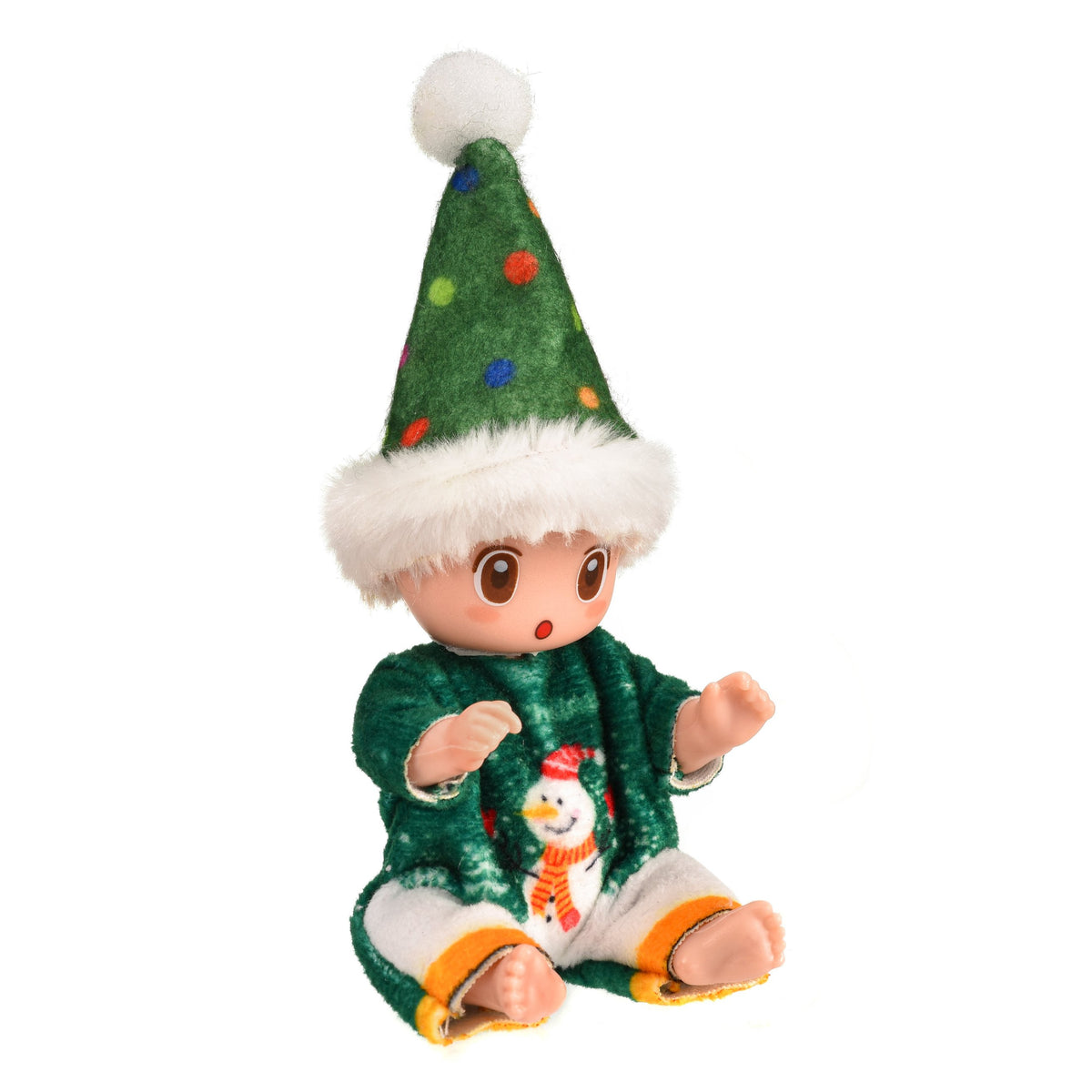 Set B: doll in green snowman pajamas with a polka dot tree hat