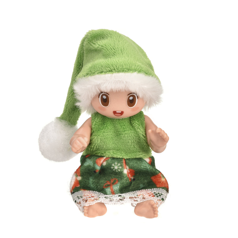 Set B: green elf doll in a fuzzy vest with a gift print skirt