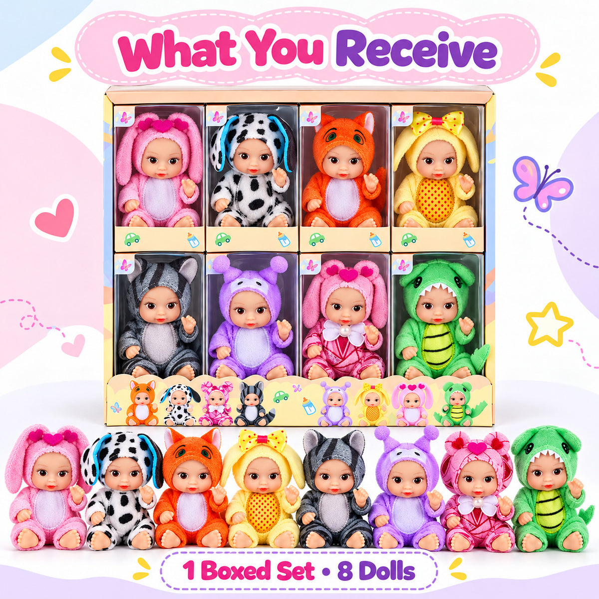 What you receive: one boxed set with eight dolls