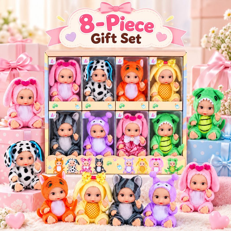 Eight piece doll set presented as a gift