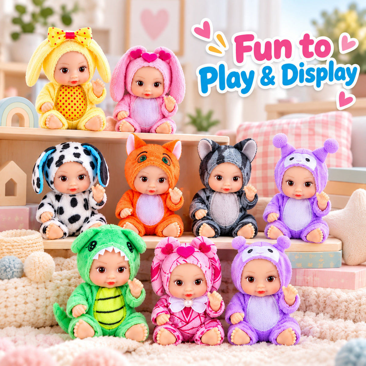 Mini dolls arranged for play and display