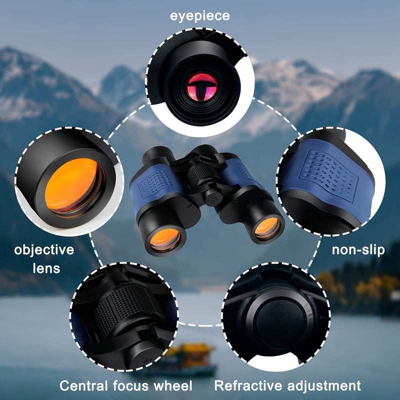 Close-ups of the eyepiece, objective lens, non-slip grip, center focus wheel and diopter adjustment