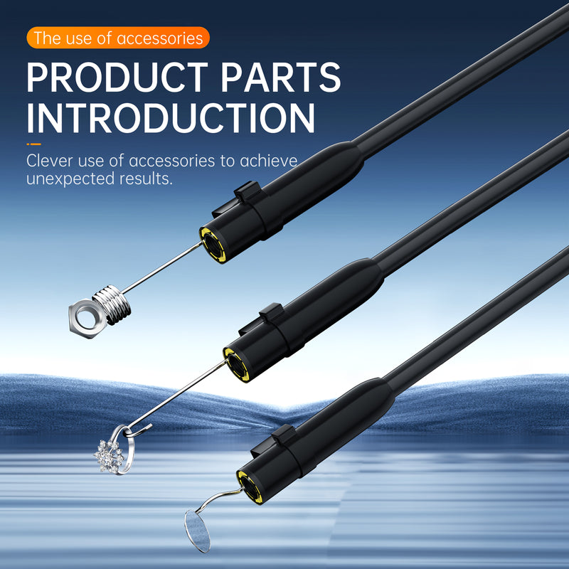 The screw-on hook, magnet and mirror attachments fitted to the probe