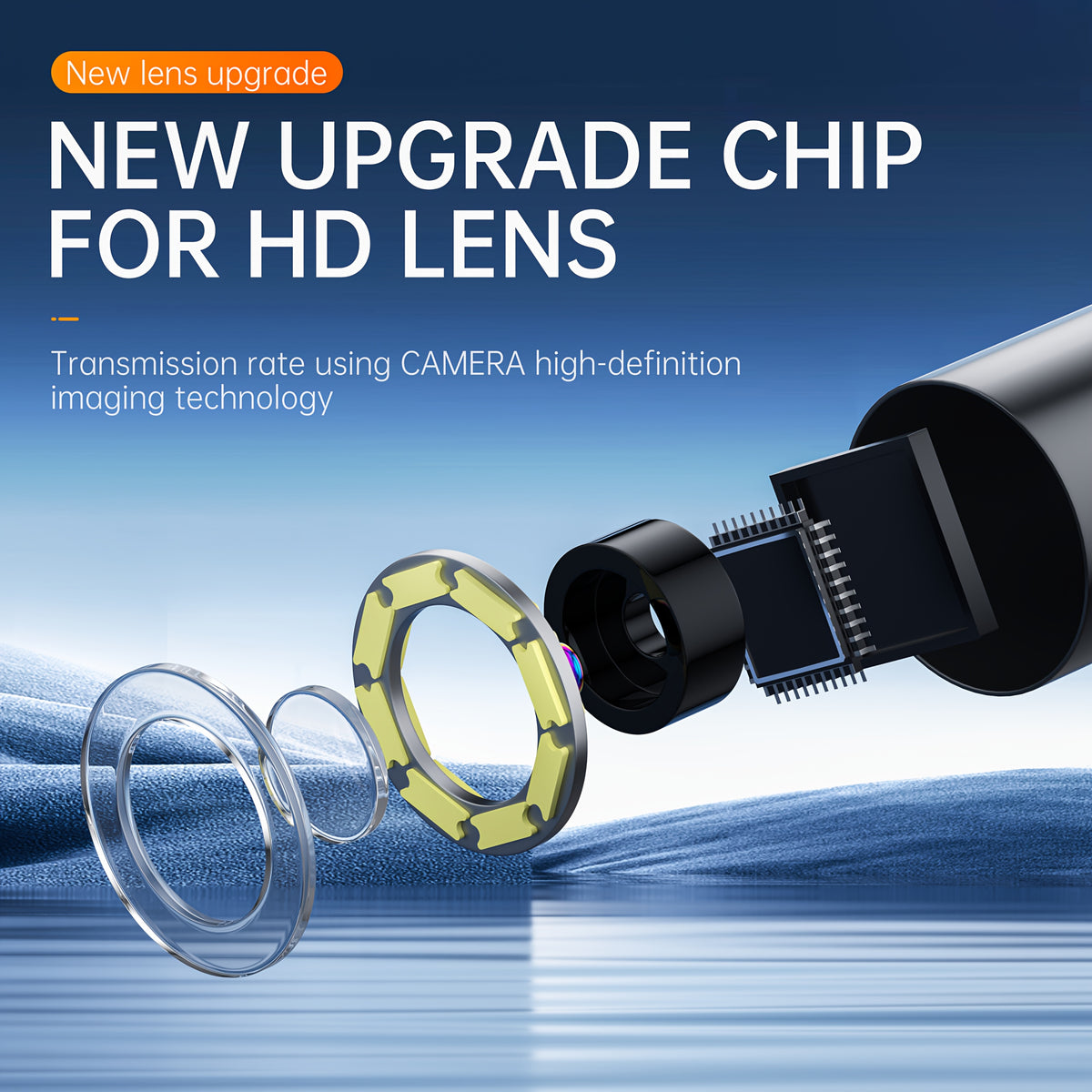 Cutaway of the camera head showing the lens and the ring of 8 LEDs