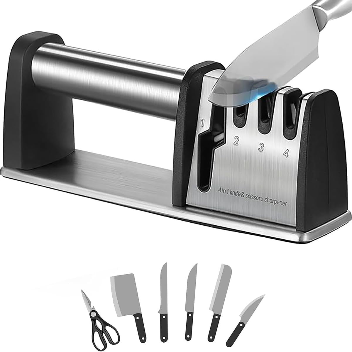 The 4-in-1 sharpener with a full-length handle, shown with knives and scissors