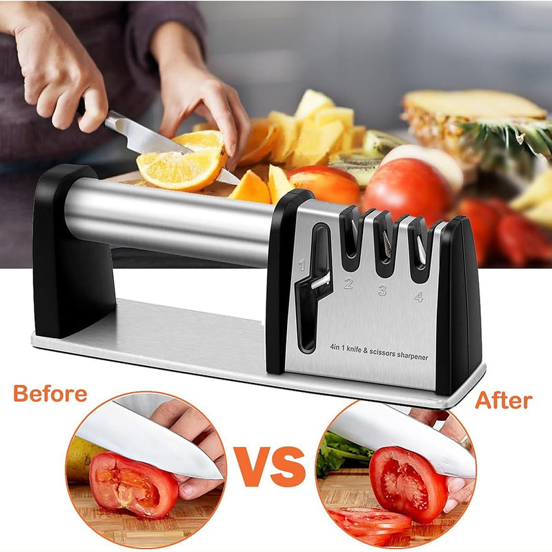 A knife being drawn through the sharpener while slicing a lemon, with a before and after tomato cut