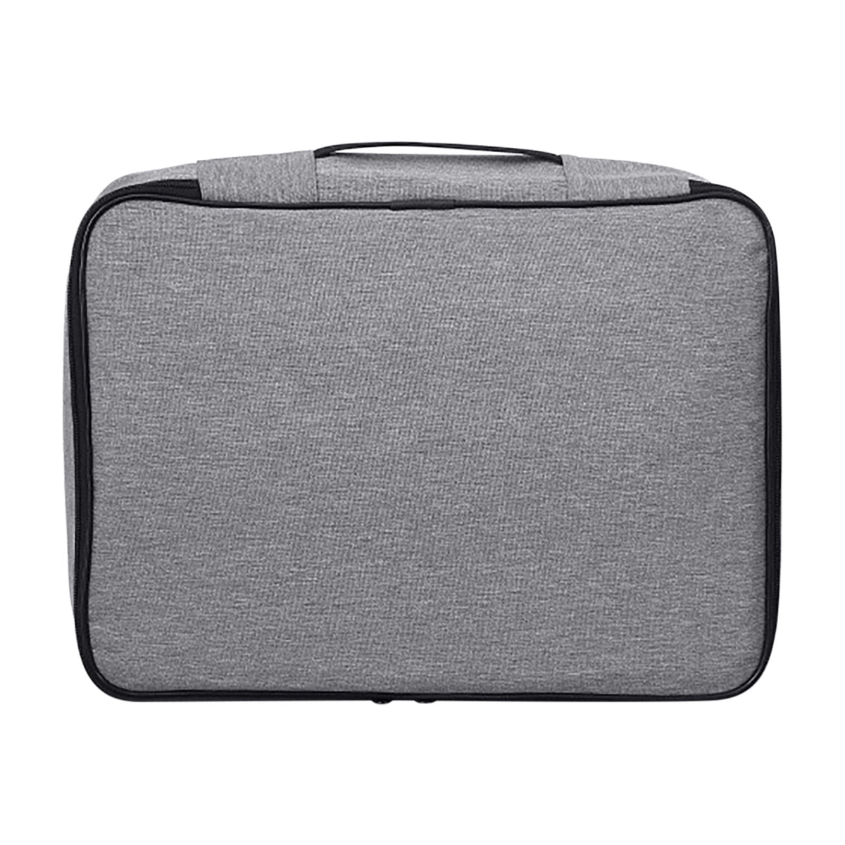 Gray document organizer box closed, front view with carry handle
