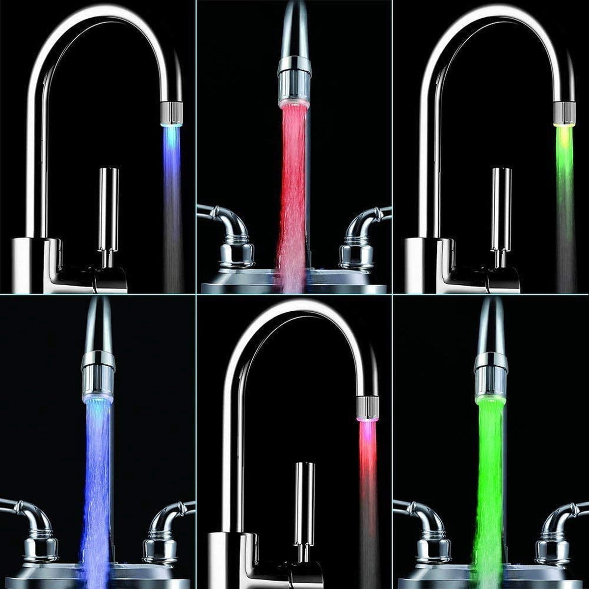 The light on four different taps showing red, blue and green water