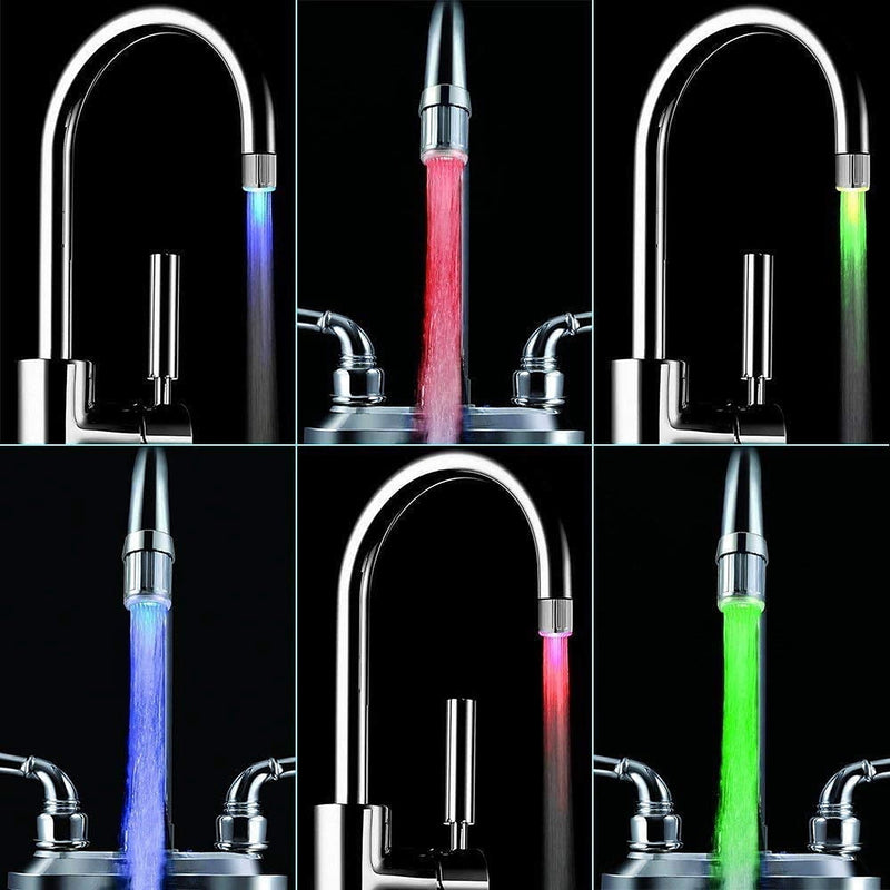 The light on four different taps showing red, blue and green water