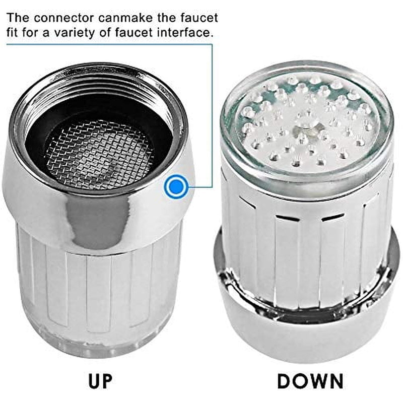 The adapter shown facing up and down to fit different faucet threads