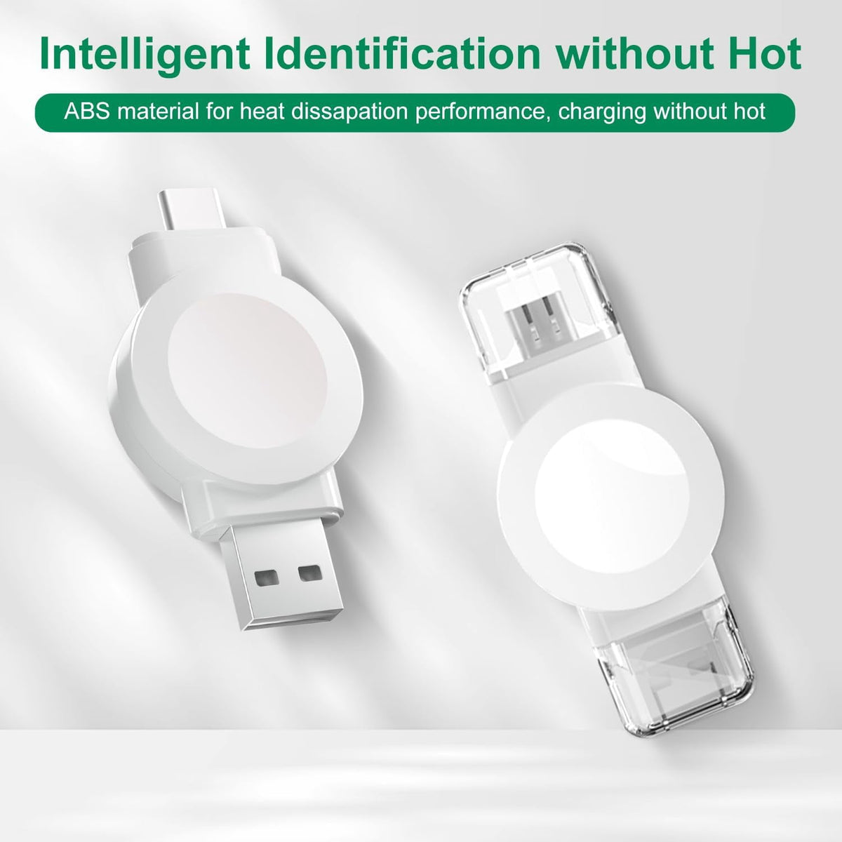 White magnetic Apple Watch charger, both ends shown