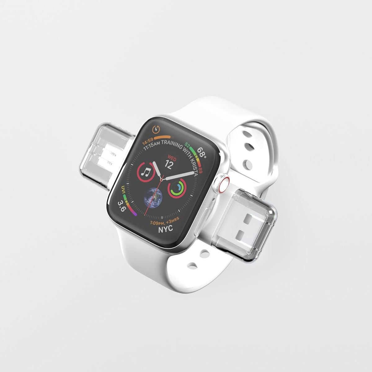 White charger attached to a watch
