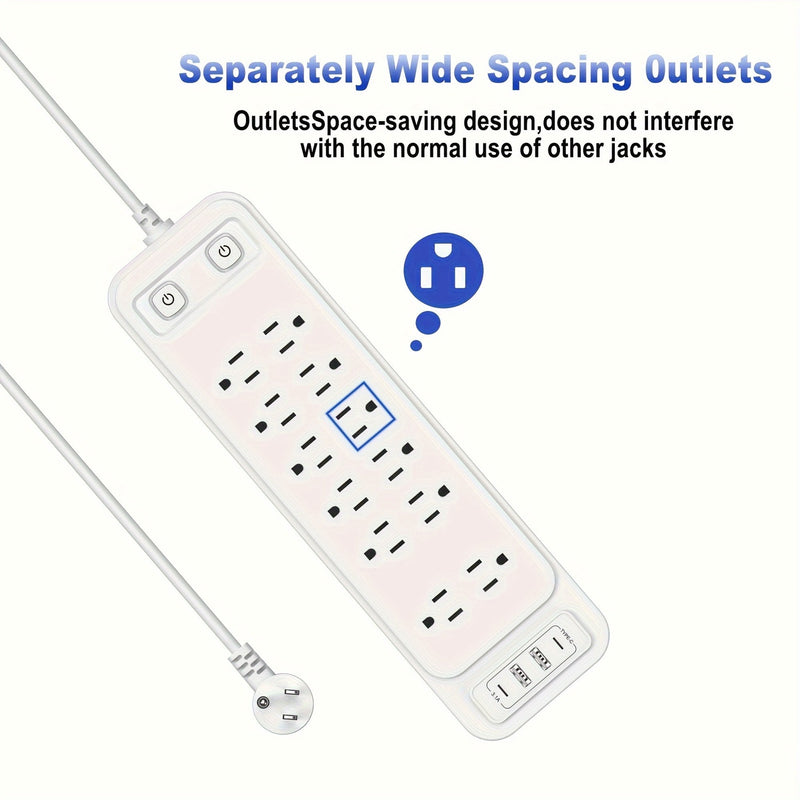 White 12-outlet power strip with USB-A and USB-C ports and a flat plug