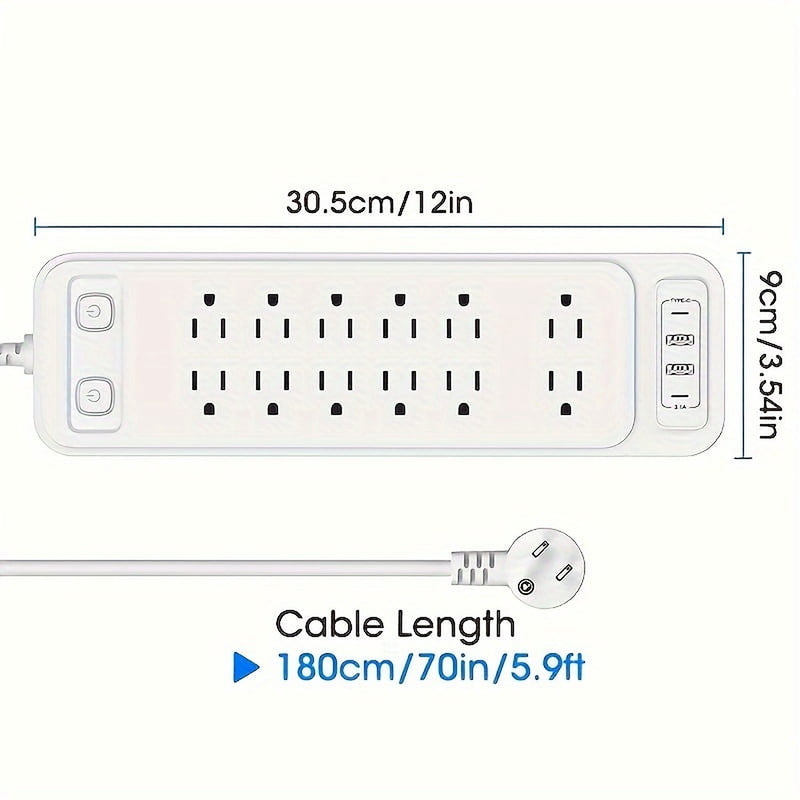 Size diagram: 30.5 cm by 9 cm with a 180 cm flat plug cord