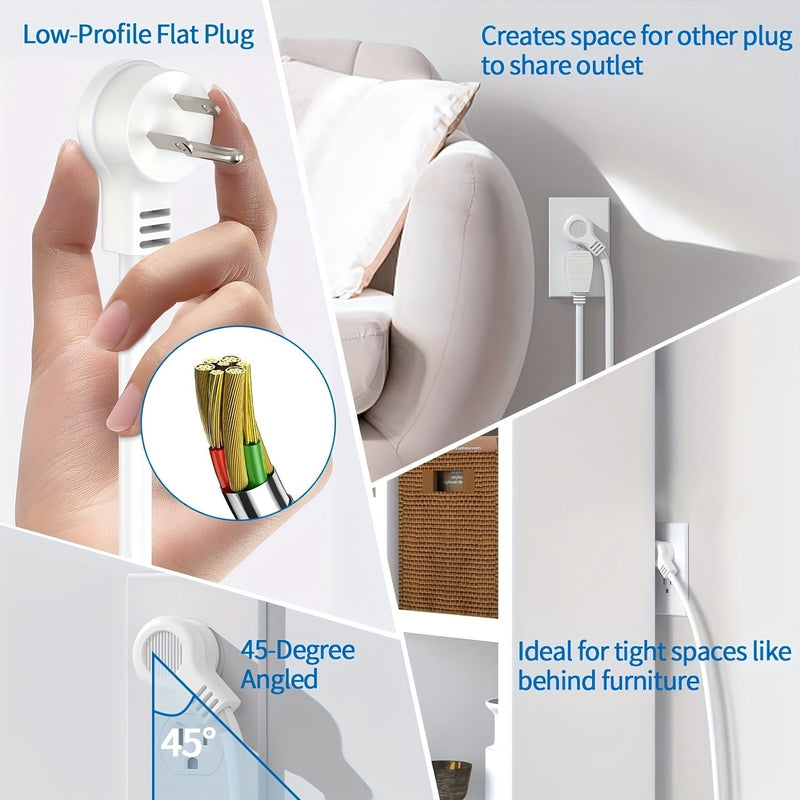 Low-profile flat plug shown at 45 degrees, fitting behind furniture