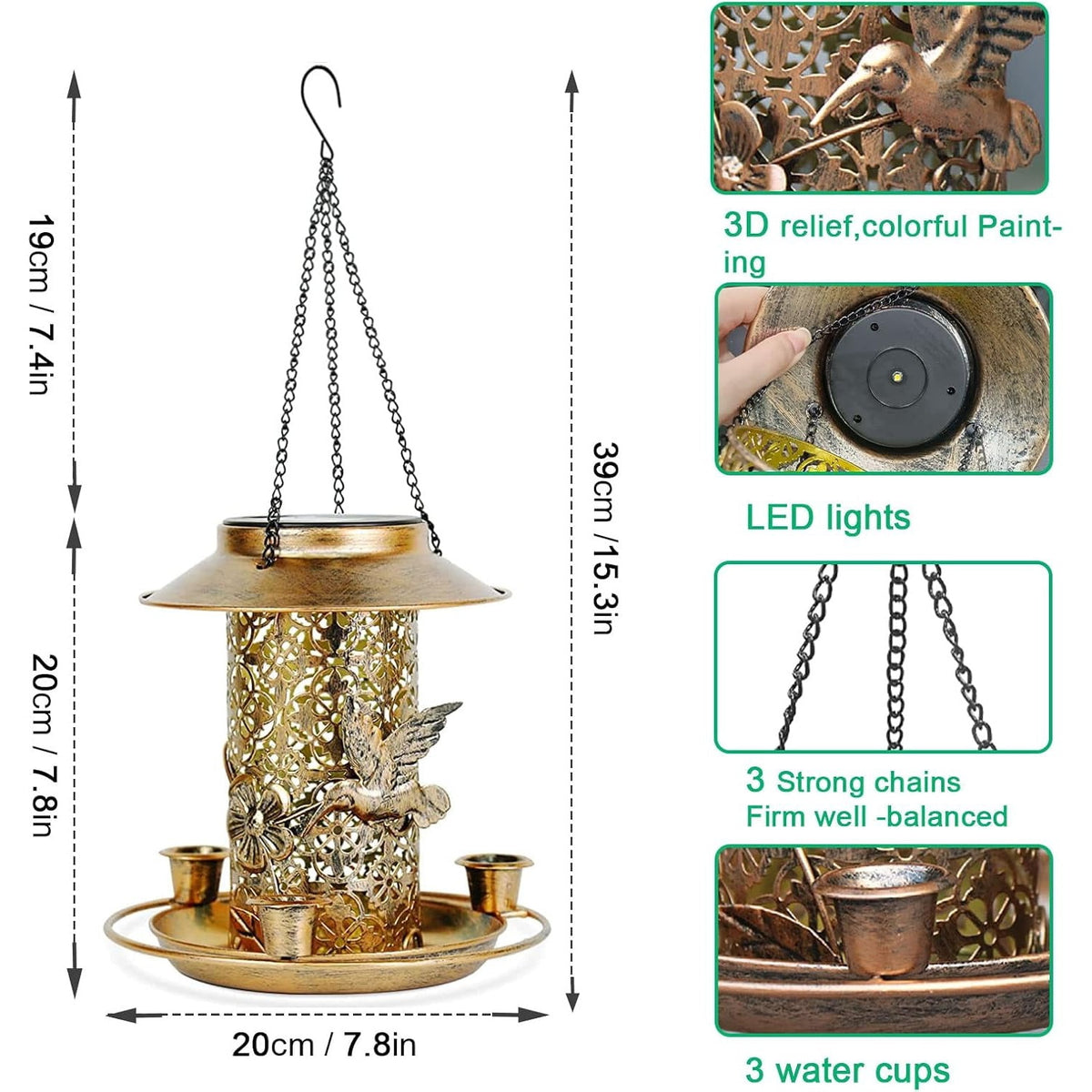 Size diagram showing 20 cm across and 39 cm tall with chains, three water cups and LED lights