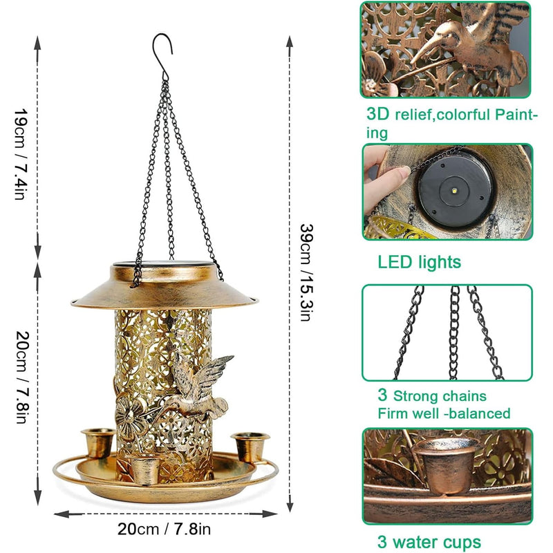 Size diagram showing 20 cm across and 39 cm tall with chains, three water cups and LED lights