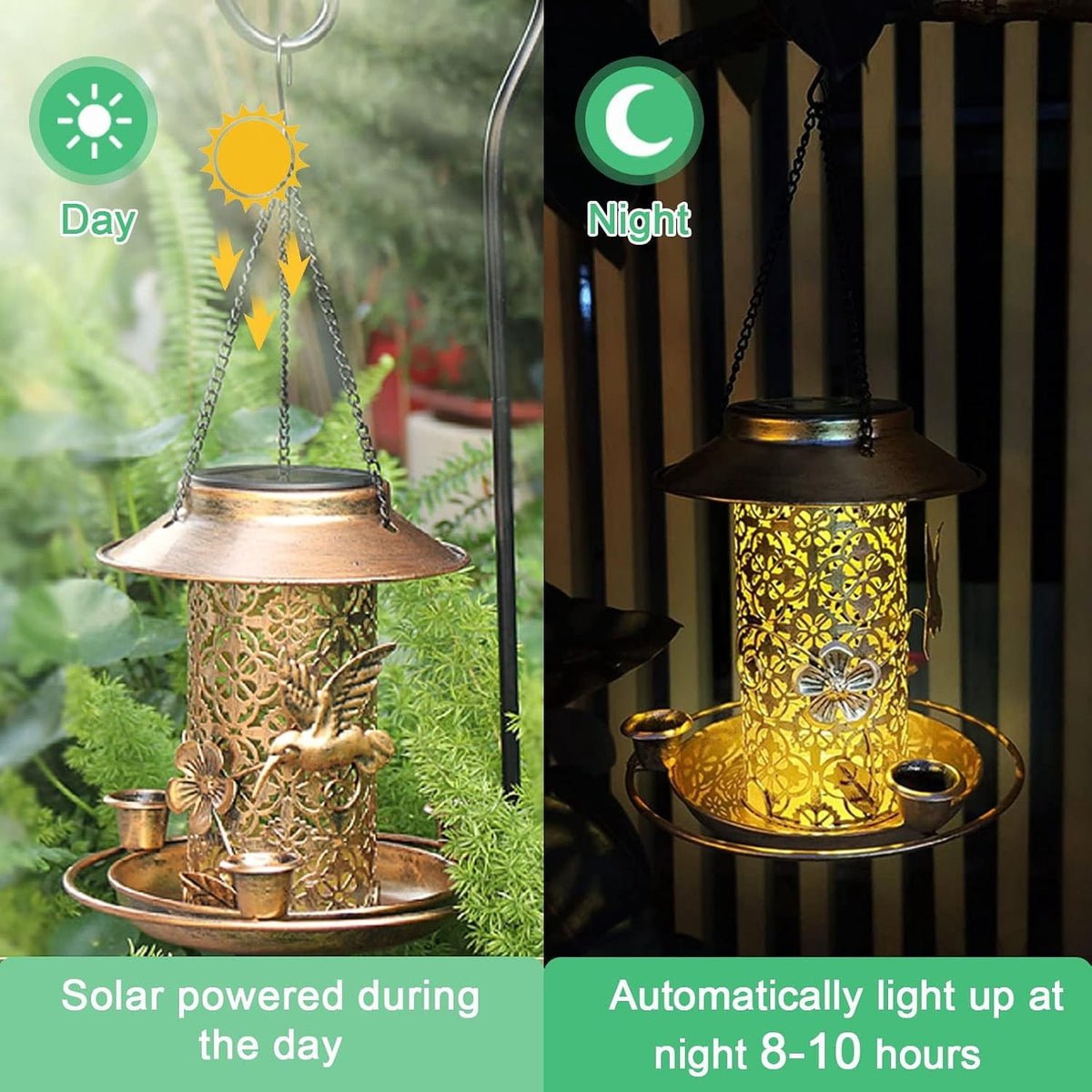 Day and night comparison showing solar charging and 8 to 10 hours of light